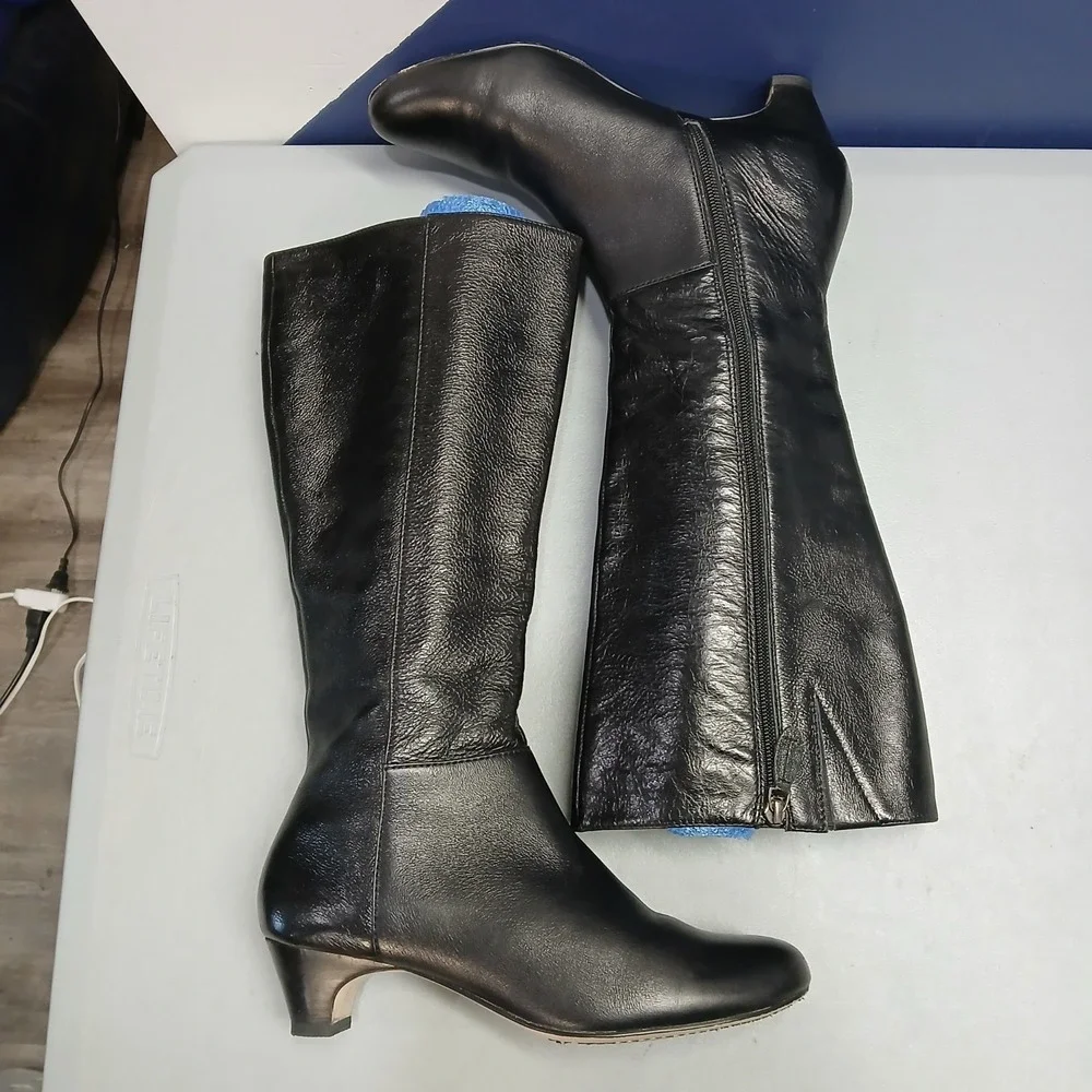 Lands' End Knee-High Boots Womens US Size 9B Black Comfort Almond Toe Side Zip